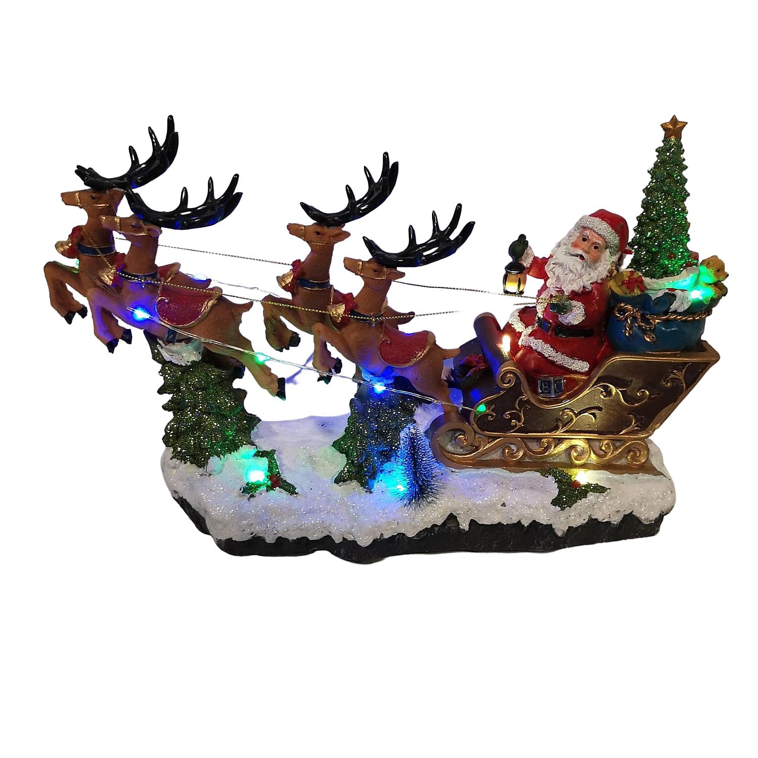 Lit Musical Santa Riding Sleigh with Turning Tree - 34.5cm