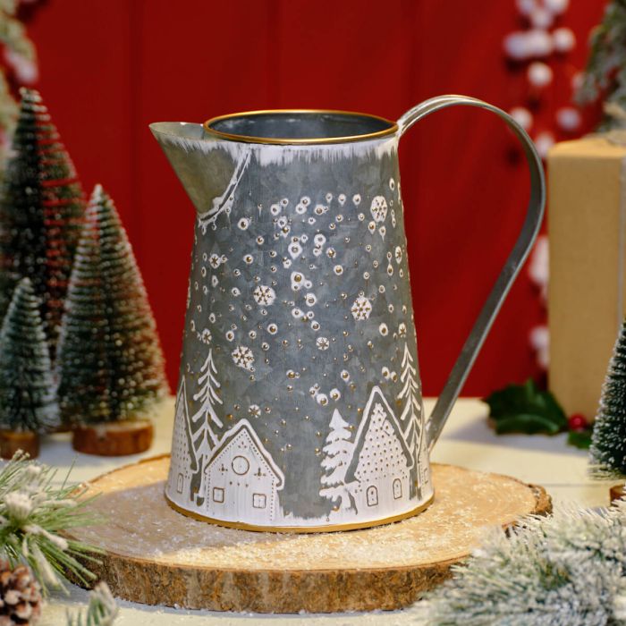 Metal Jug with Embossed House Christmas Scene