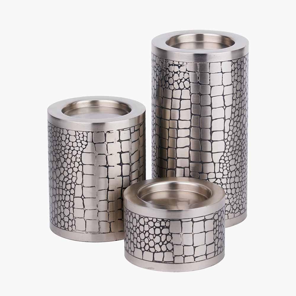 S/3 Antique Silver Croc Print Candle Holder