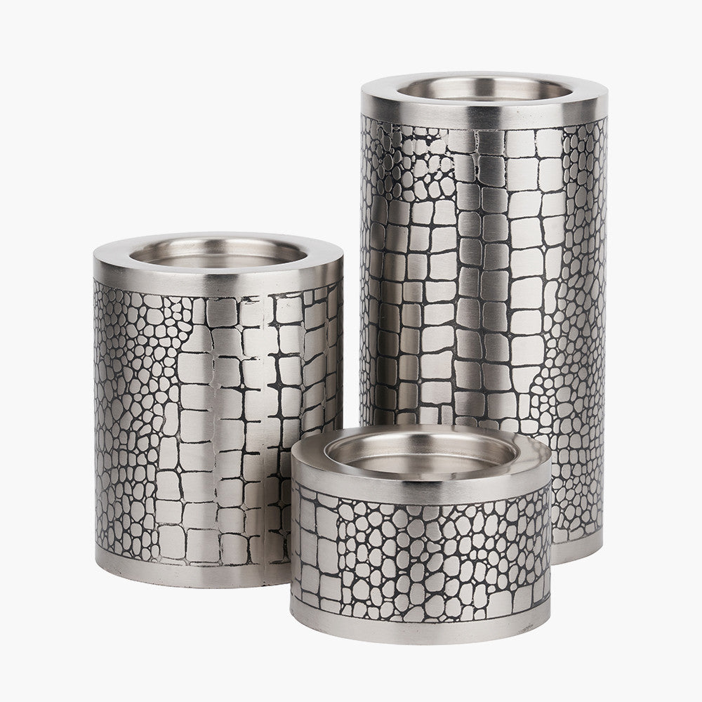 S/3 Antique Silver Croc Print Candle Holder