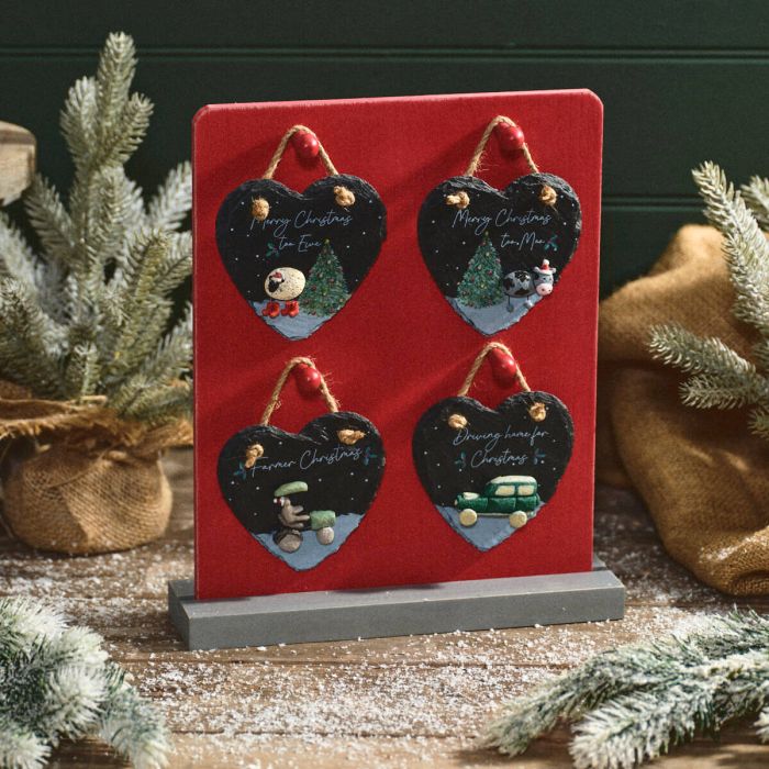 Christmas on the Farm Heart Slate Pebble Hanger - 4 Assorted