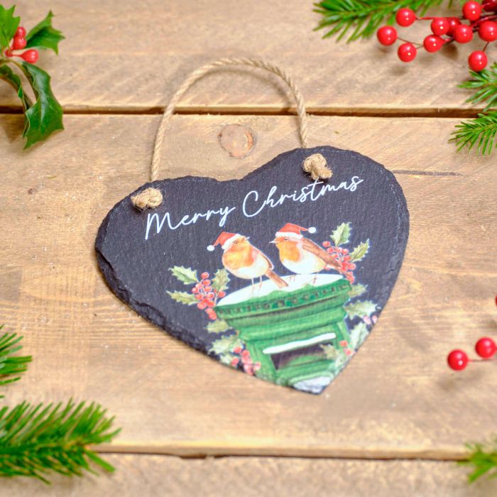 Festive Robin with Green Post Box Slate Heart Hanger