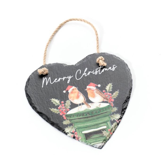 Festive Robin with Green Post Box Slate Heart Hanger