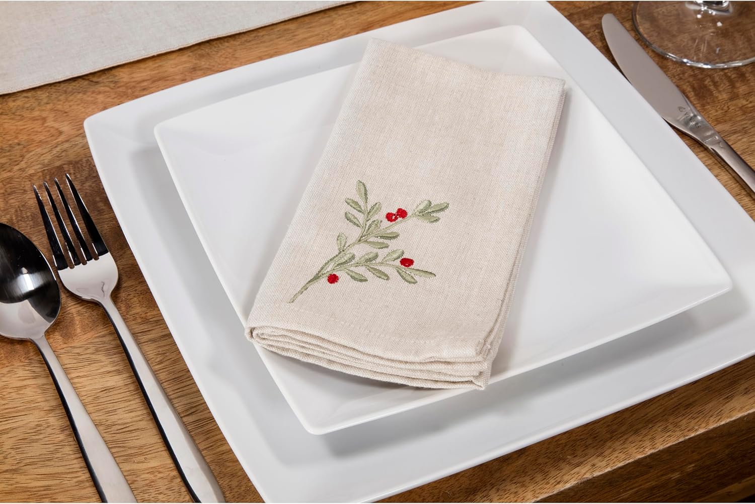 Set of 4 Embroidered Chambray Holly Berry Napkins