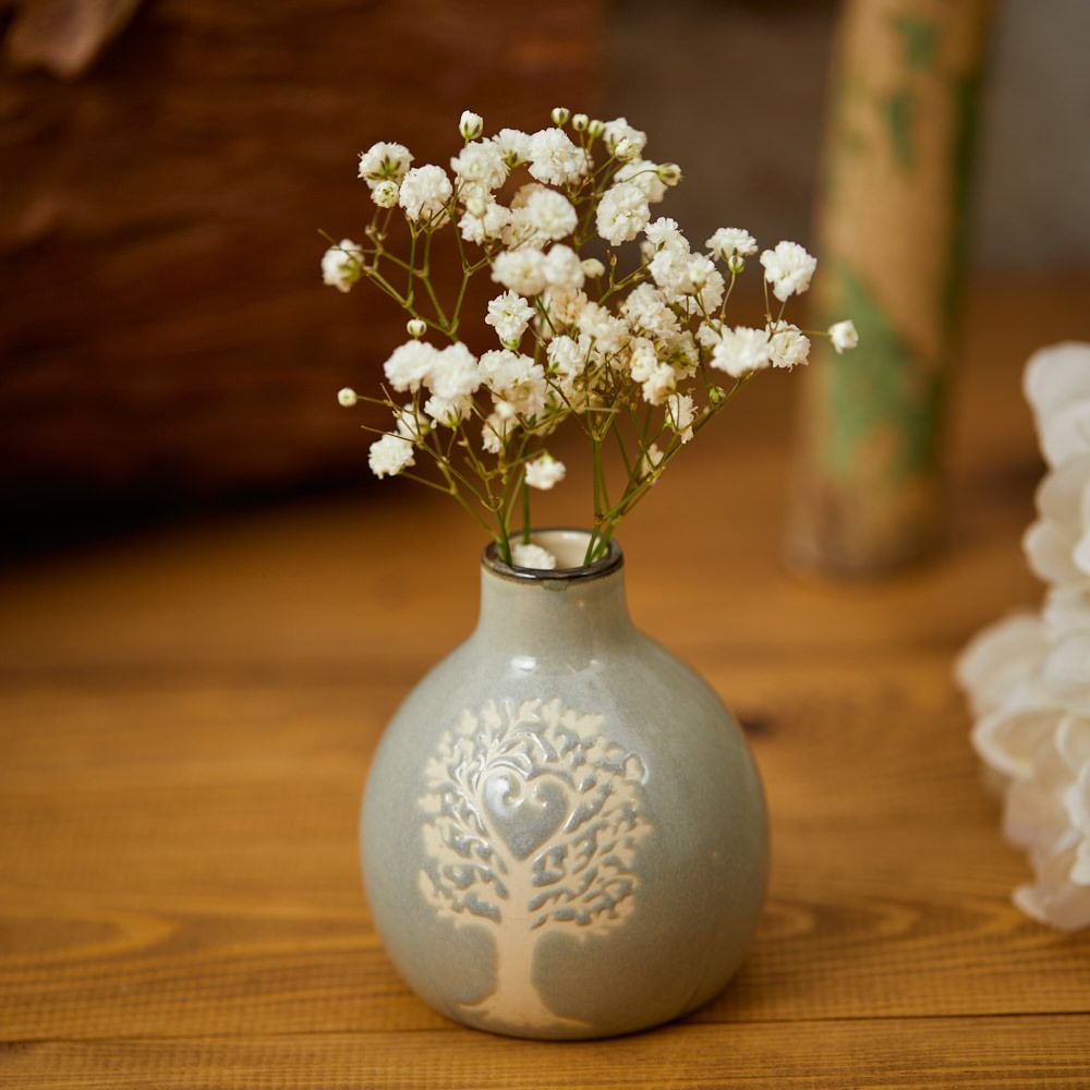 Family Tree Bud Vase Grey Debossed Stoneware