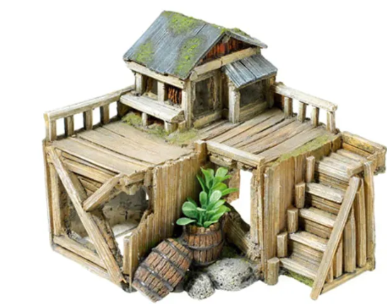 Classic Wooden House with Plants Aquatic Ornament