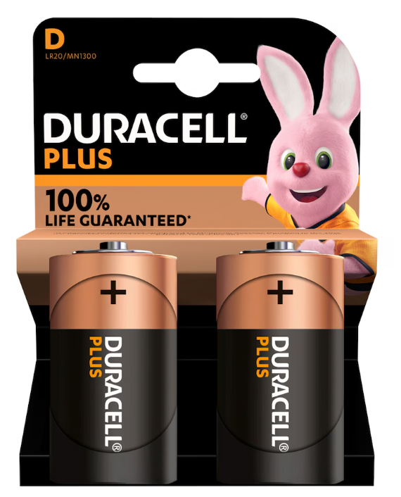 Duracell Plus + 100% Extra Life D 2 Pack