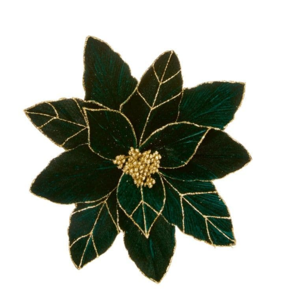 Premier Emerald Green Poinsettia With Gold Glitter Clip On - 29cm