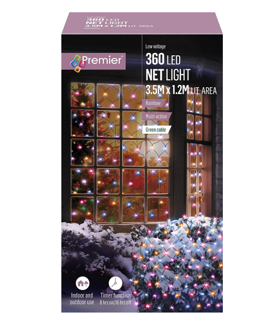 Premier - 360 Multi Action Rainbow LED Christmas Net Lights 3.5 x 1.2m