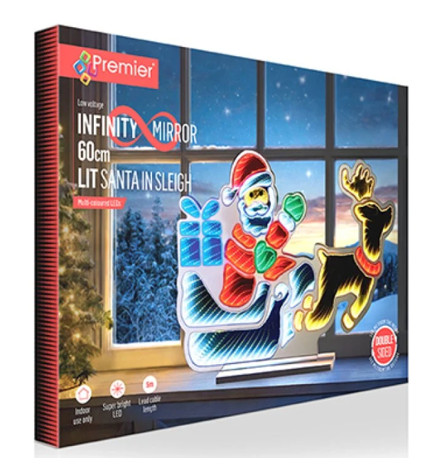 Premier 60cm Standing Santa in Sleigh with Present Infinity Mirror