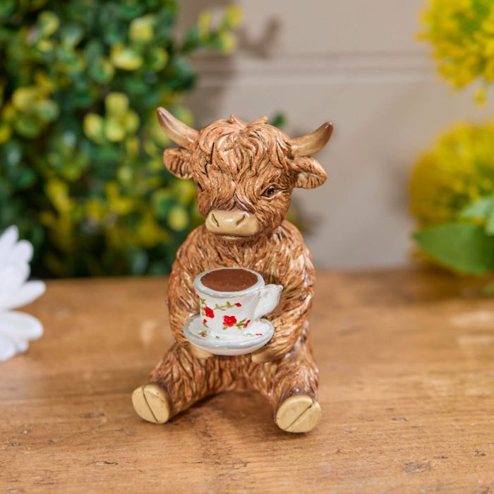 Highland Cow With Teacup Resin Ornament