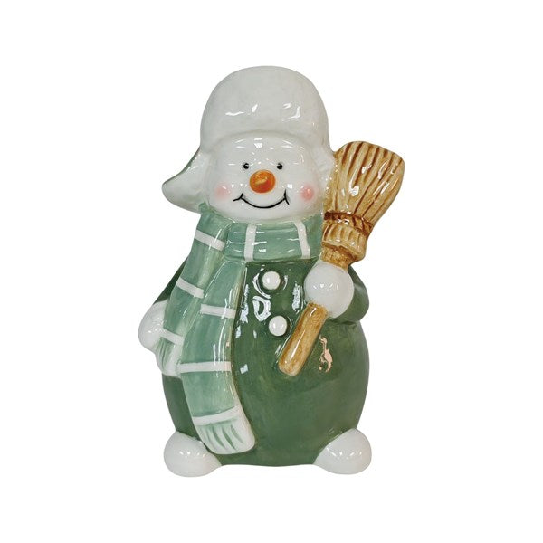Green Snowman & Broom 9x14cm
