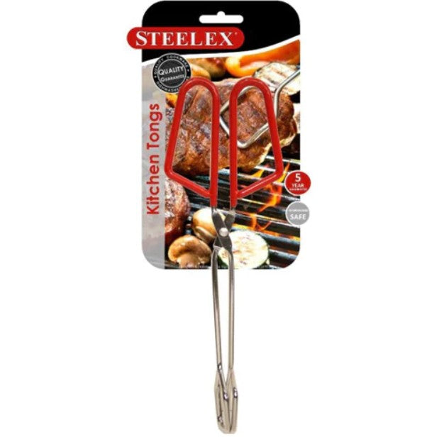 Steelex 10" Chrome Food Tongs W/red Handle