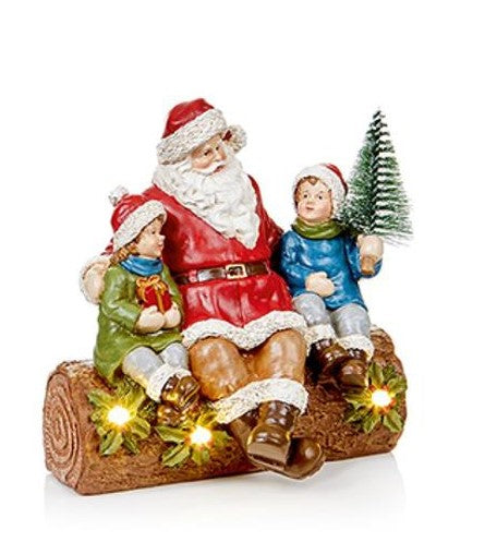 Lit Santa with Children on a Log - 17cm