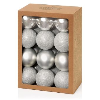 30 Piece Silver Mixed Shatterproof Bauble Pack - 60mm