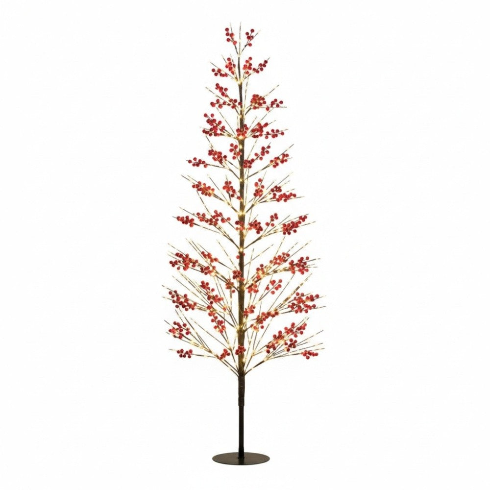 1.8m Lit Red Berry Tree 775 Warm White LED Lights