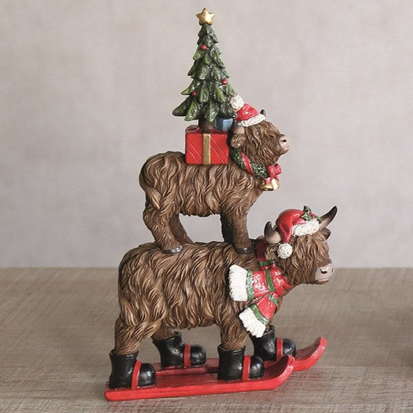 Christmas Stacked Highland Cow 25cm