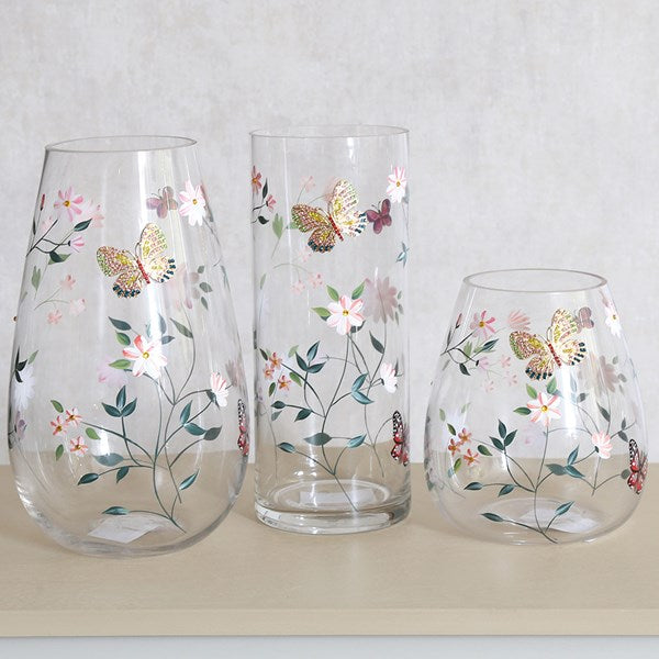 Cylinder Vase White Floral Butterfly 25cm