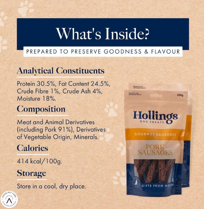 Hollings Pork Sausages Natural Dog Treats 200g