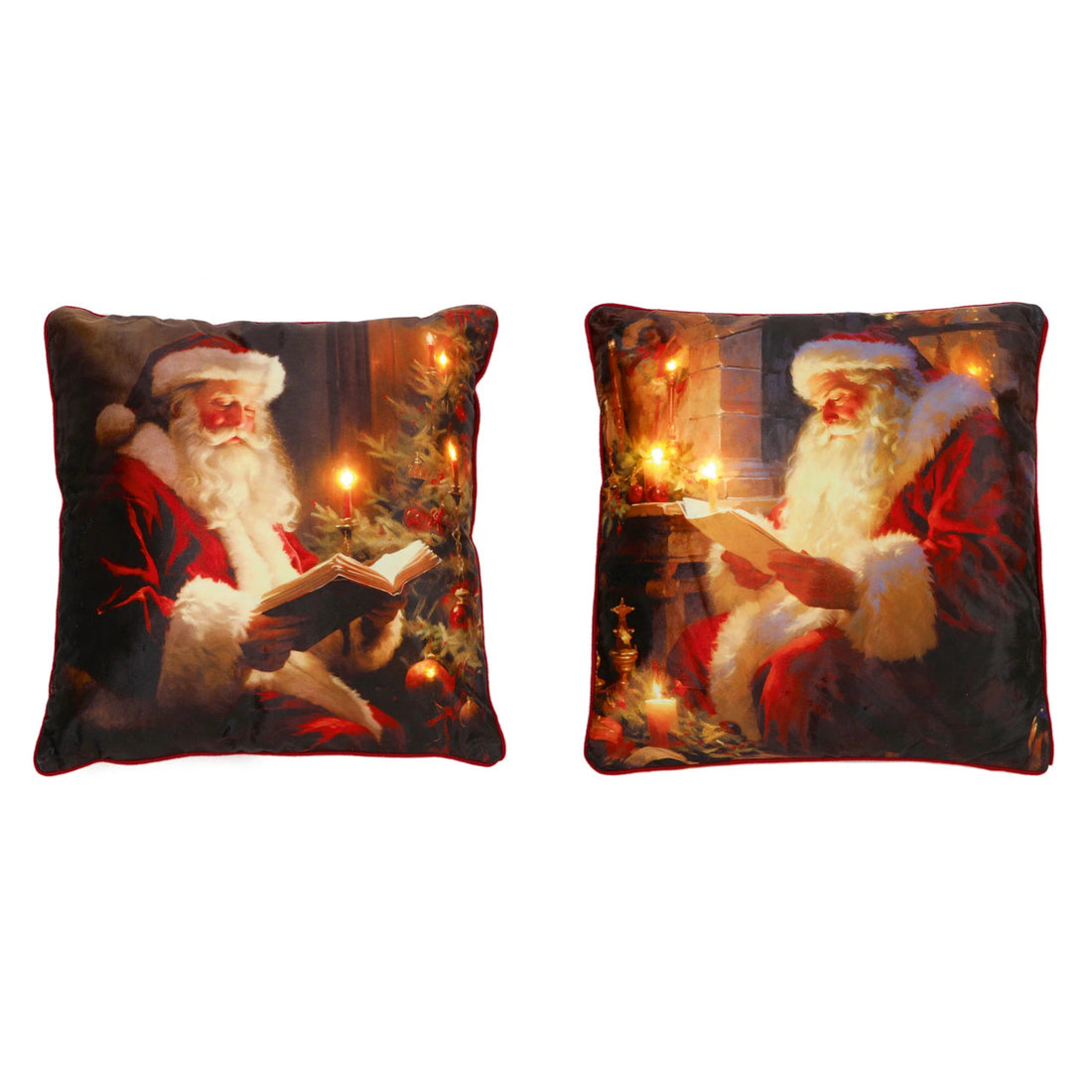 Lit Santa Reading Cushion with Red Piping - 45 x 45cm