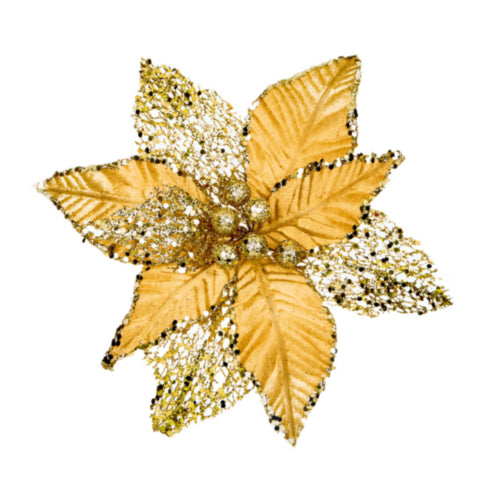 Gold Fabric &amp; Mesh Poinsettia Clip on Decoration - 23cm