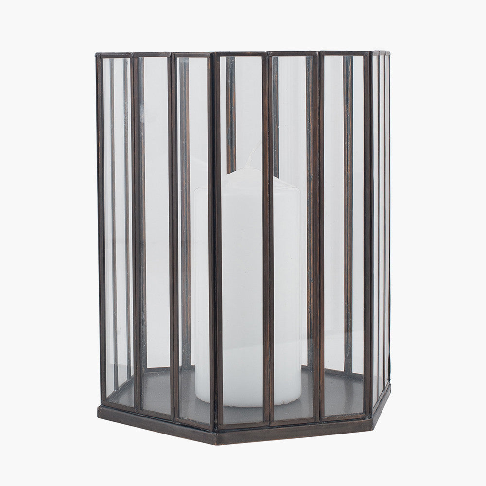 Antique Brass Metal Glass Hexagonal Lantern Small