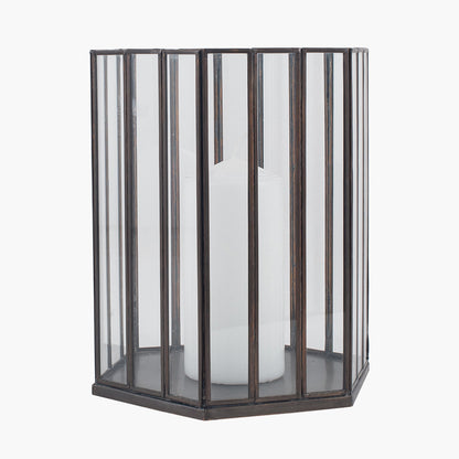 Antique Brass Metal Glass Hexagonal Lantern Small