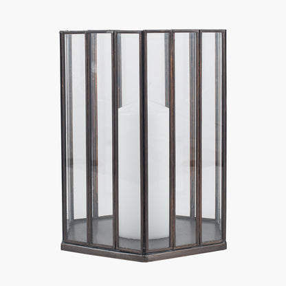 Antique Brass Metal Glass Hexagonal Lantern Small