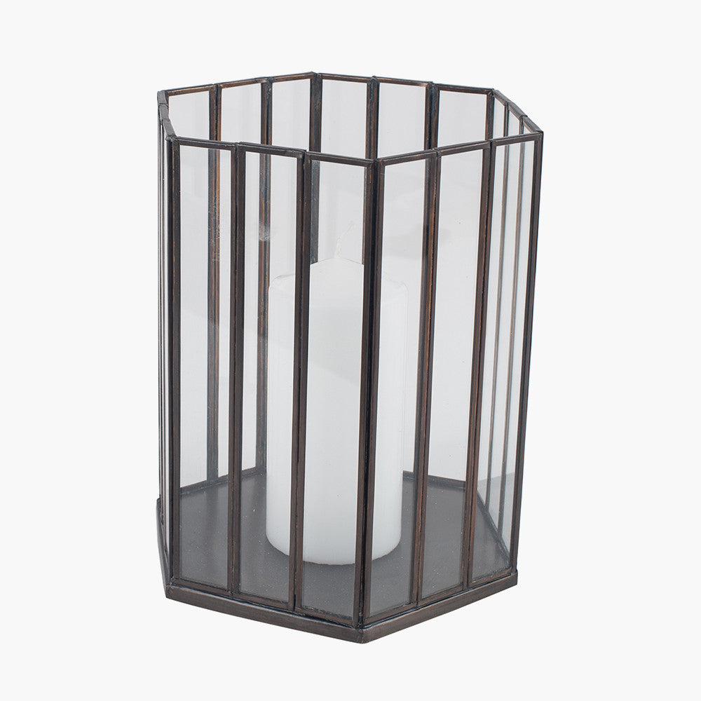 Antique Brass Metal Glass Hexagonal Lantern Small