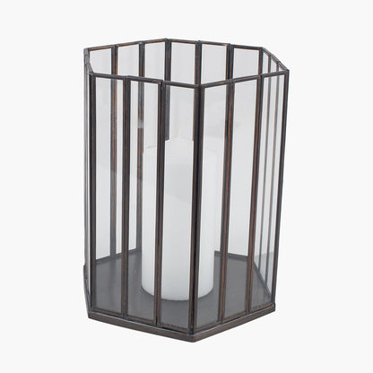 Antique Brass Metal Glass Hexagonal Lantern Small