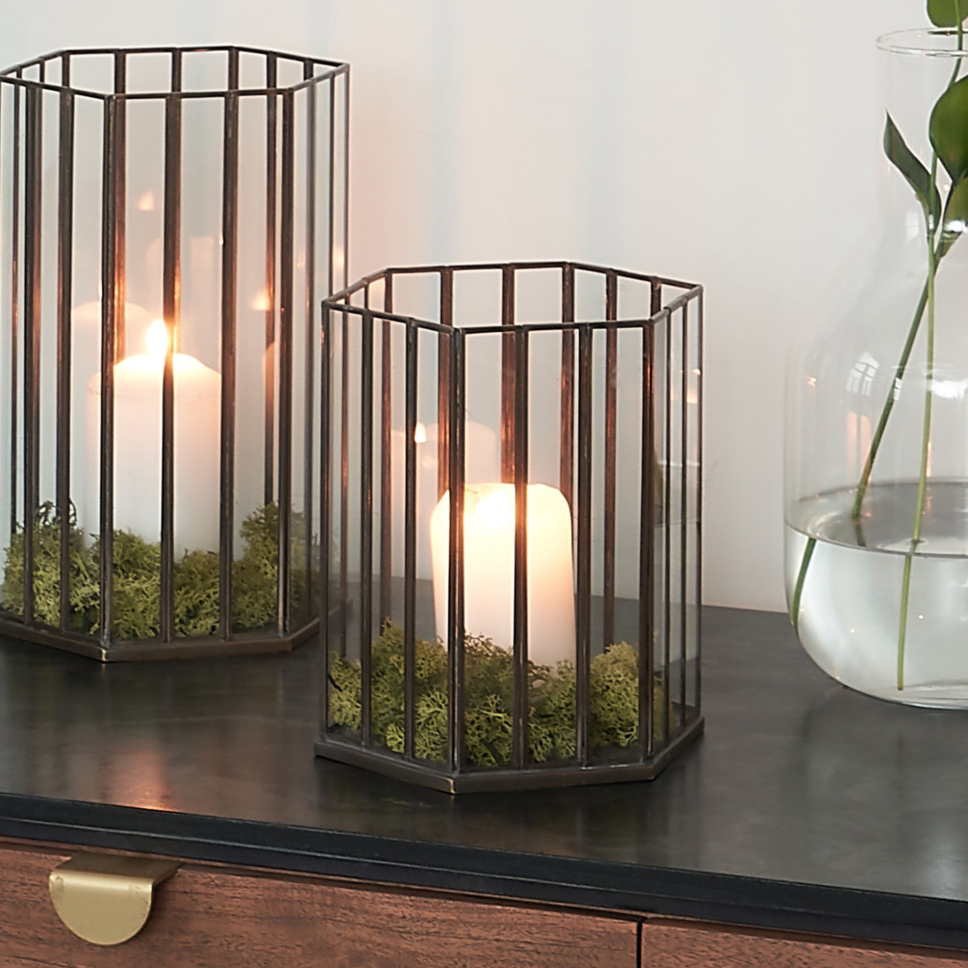 Antique Brass Metal Glass Hexagonal Lantern Small