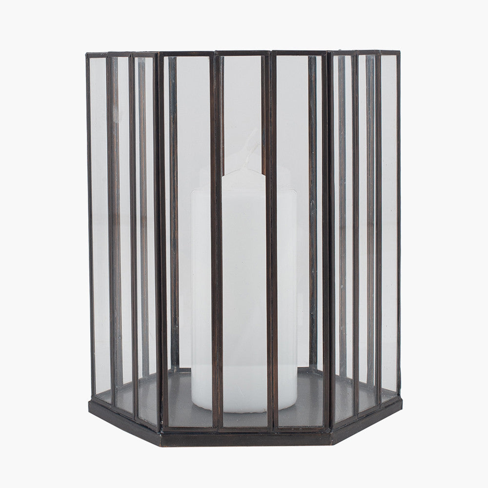 Antique Brass Metal Glass Hexagonal Lantern Small