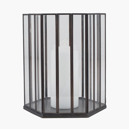 Antique Brass Metal Glass Hexagonal Lantern Small