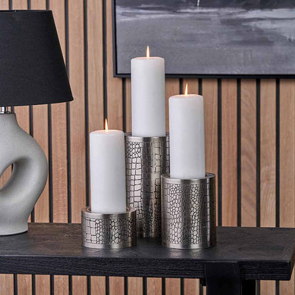 S/3 Antique Silver Croc Print Candle Holder