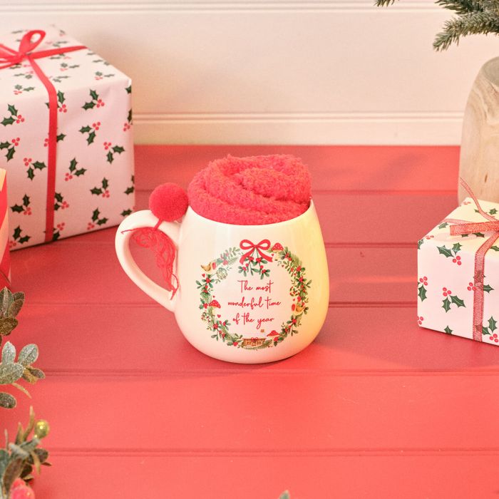 Hollies and Berries Stoneware Mug With Pom Pom and Fluffy Red Socks Gift Boxed