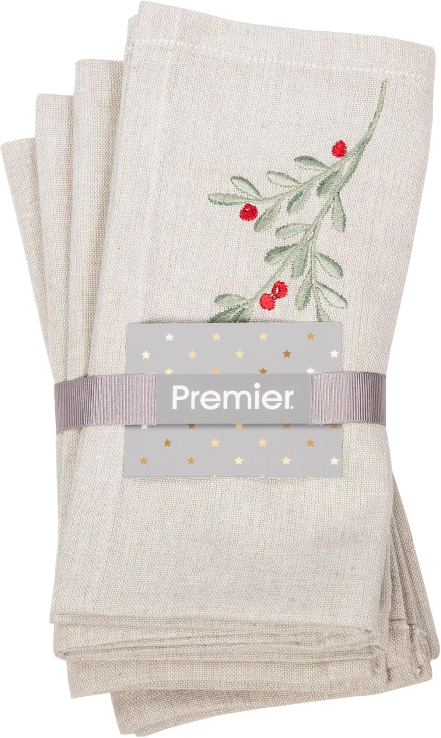 Set of 4 Embroidered Chambray Holly Berry Napkins