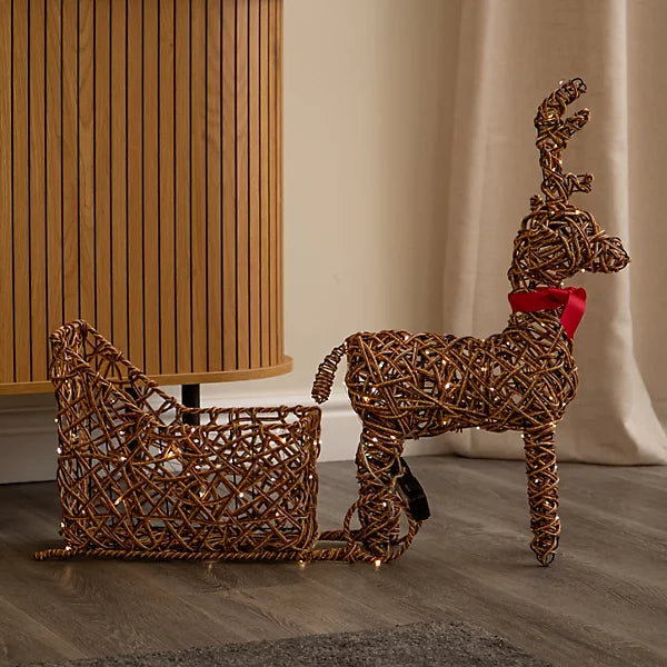 Multi Action Light Up Rattan Reindeer &amp; Sleigh - 82 x 67cm