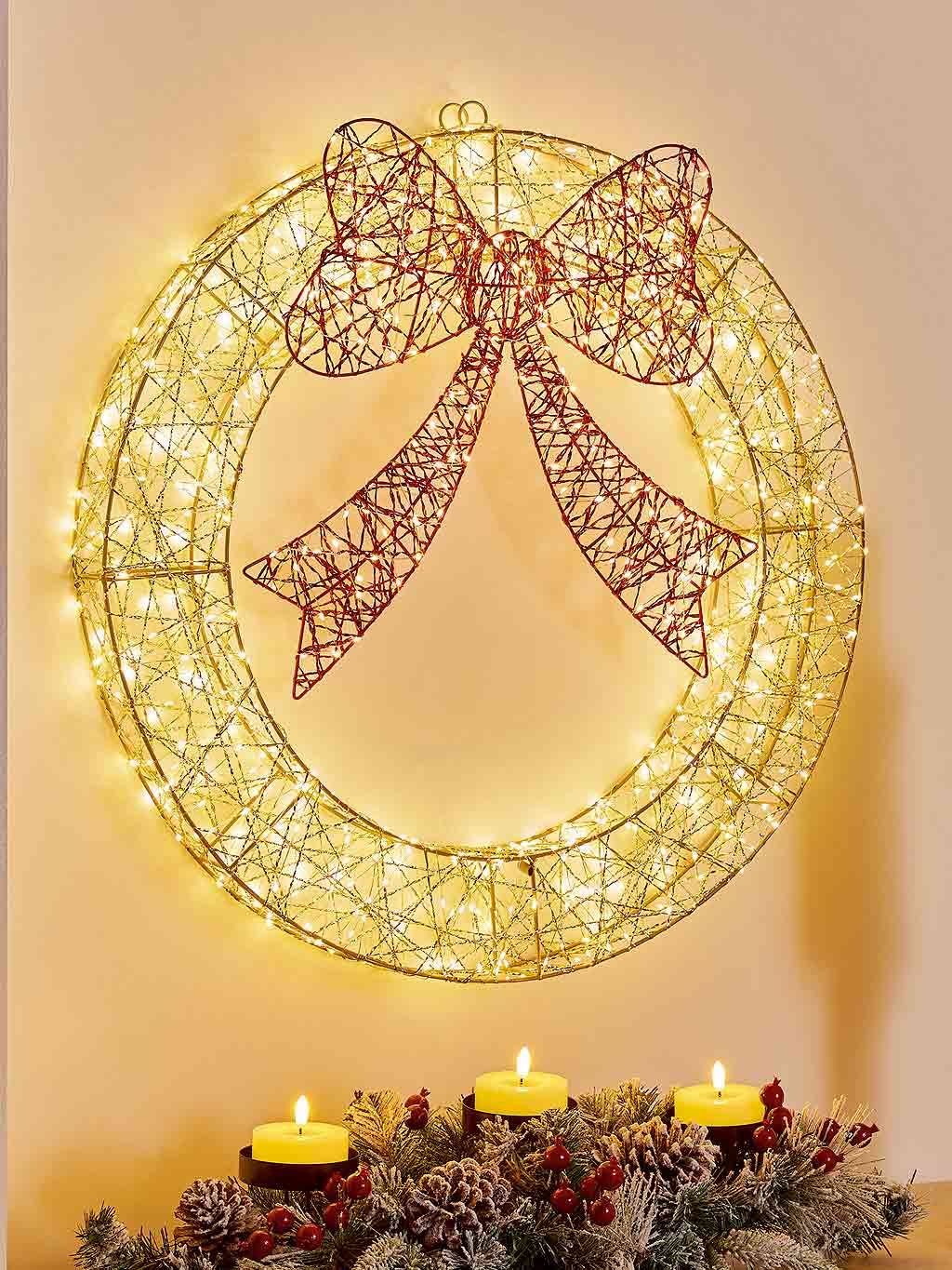 Golden Elegance Twist Wreath with Red Bow &amp; 600 Warm White LEDs- 50cm