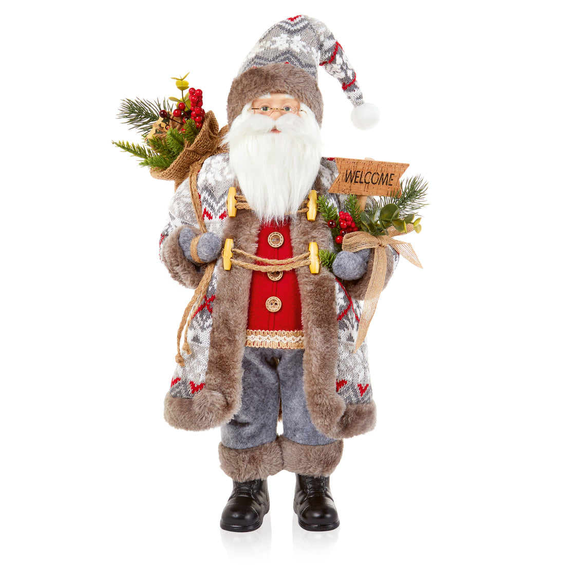 Grey Fur Nordic Santa with Floristry - 50cm