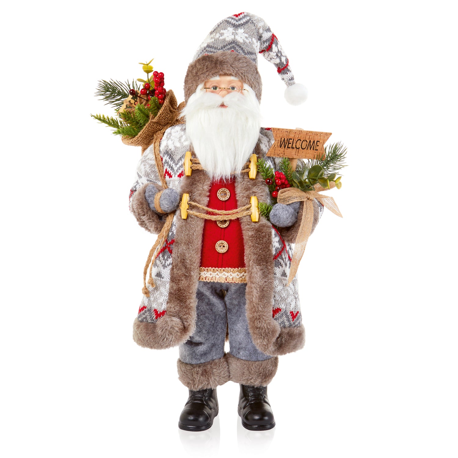 Grey Fur Nordic Santa with Floristry - 50cm