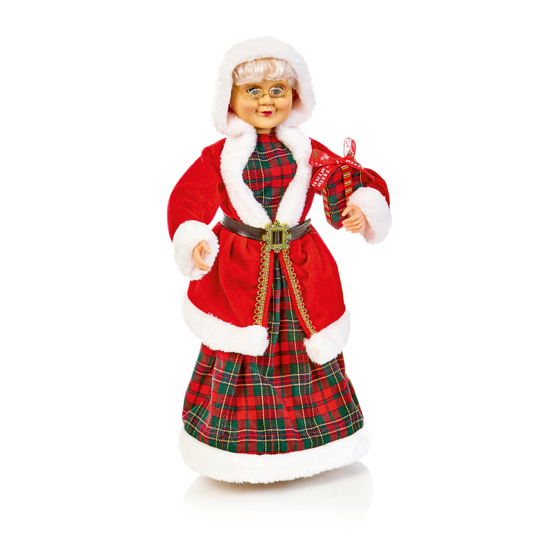 Mrs Claus with Plaid Dress and Present - 50cm