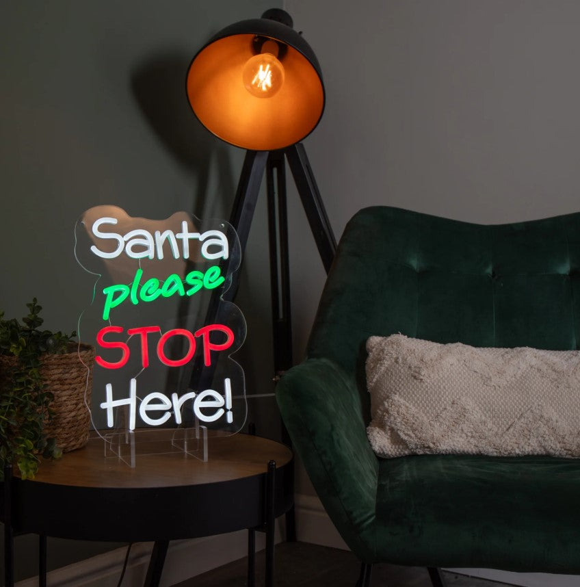 Santa Please Stop Here Hanging Lit Neon Sign - 35cm