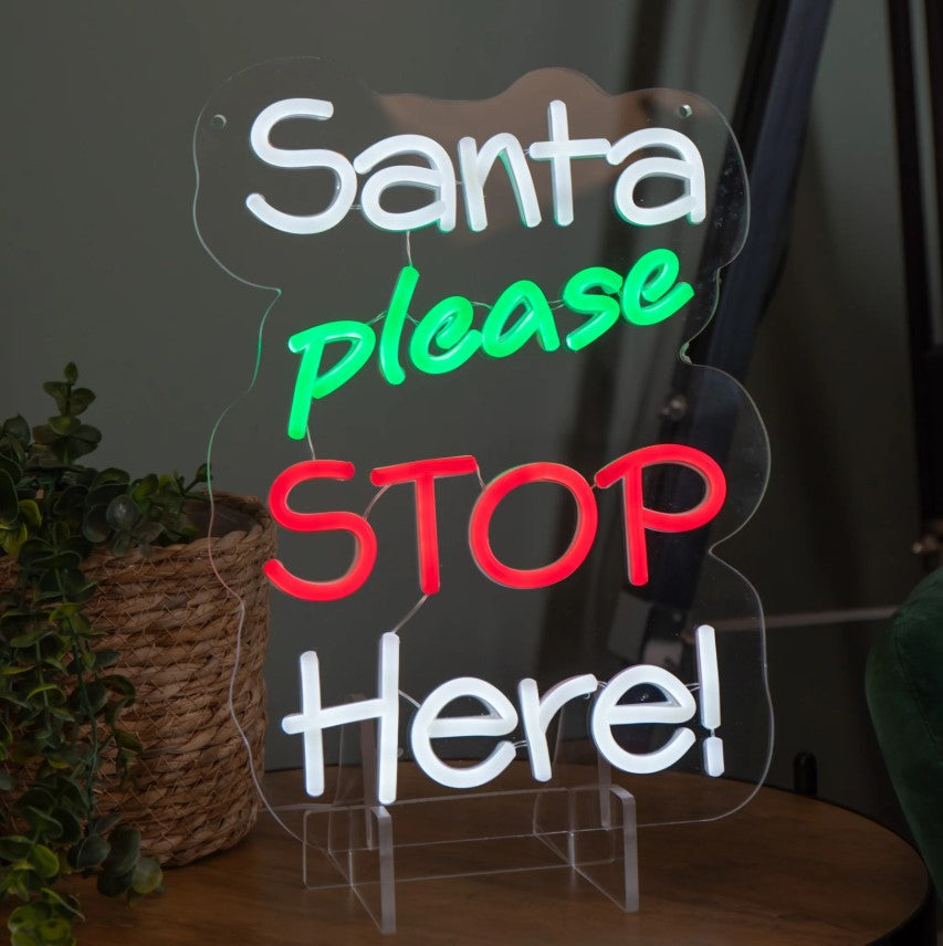 Santa Please Stop Here Hanging Lit Neon Sign - 35cm