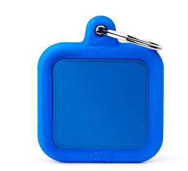 Myfamily Id Tag - Hushtag Collection - Aluminium Square With Blue Rubber
