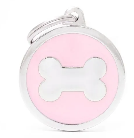 My Family Big Silver Bone In Pink Circle ID Tag