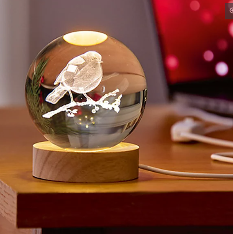 Premier Decorations 8cm USB Lit 3D Etched Glass Ball Ornament - Robin