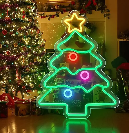 Premier USB Lit Tree with Star &amp; Baubles Neon Hanging Sign - 34 cm