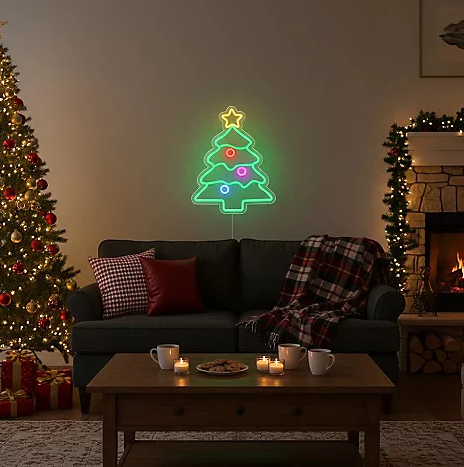 Premier USB Lit Tree with Star &amp; Baubles Neon Hanging Sign - 34 cm