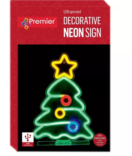 Premier USB Lit Tree with Star &amp; Baubles Neon Hanging Sign - 34 cm