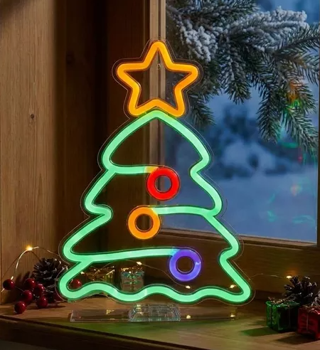 Premier USB Lit Tree with Star &amp; Baubles Neon Hanging Sign - 34 cm